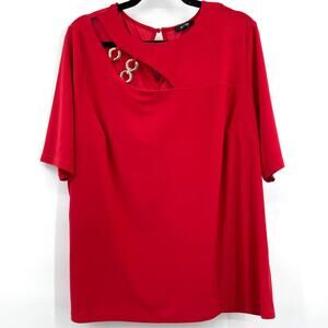 AUW Womens Red Gold Chain Accent Short Sleeve Blouse Top Flowy 2X NEW